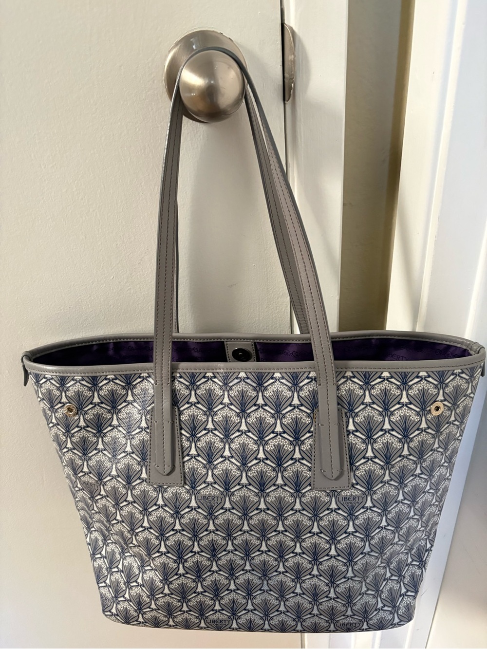 Liberty of London Iphis Gray Pattern Tote with Navy Pattern and Purple Interior